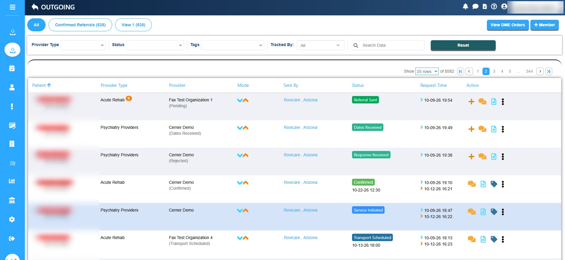 Rovicare outgoing referrals view listing each referral's provider type, provider, delivery mode and live status, from referral sent to service initiated, with patient details blurred