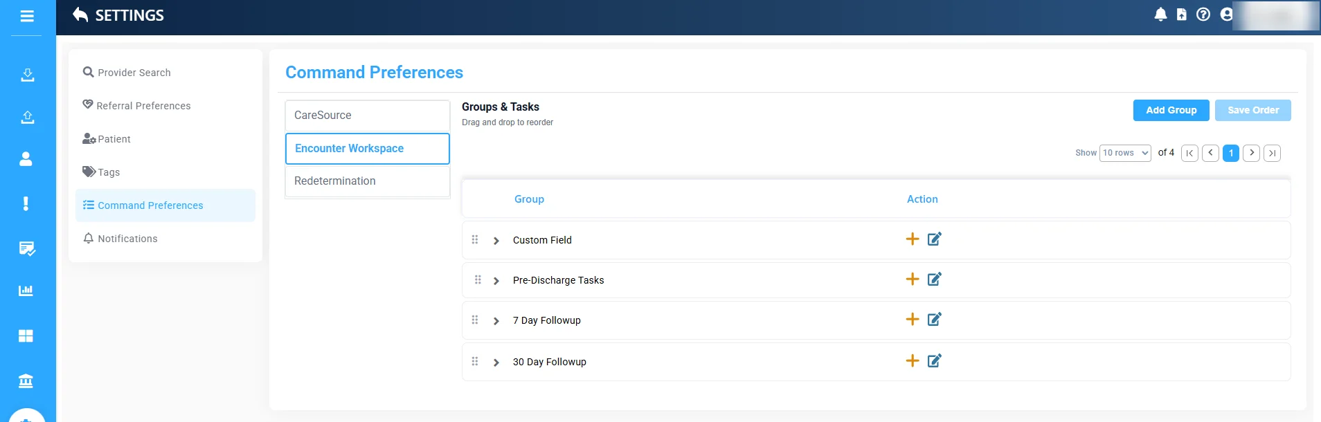 Rovicare settings screen where an organization configures its own workspaces and drag-and-drop task groups, such as pre-discharge tasks and 7-day and 30-day follow-ups